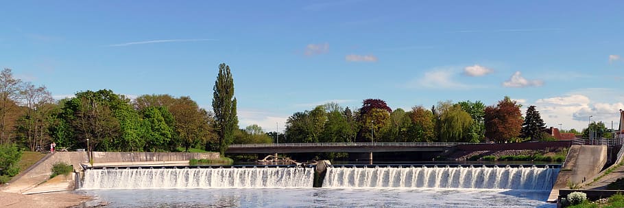 river, weir, trough, water, bridge, tree, sky, plant, architecture, nature