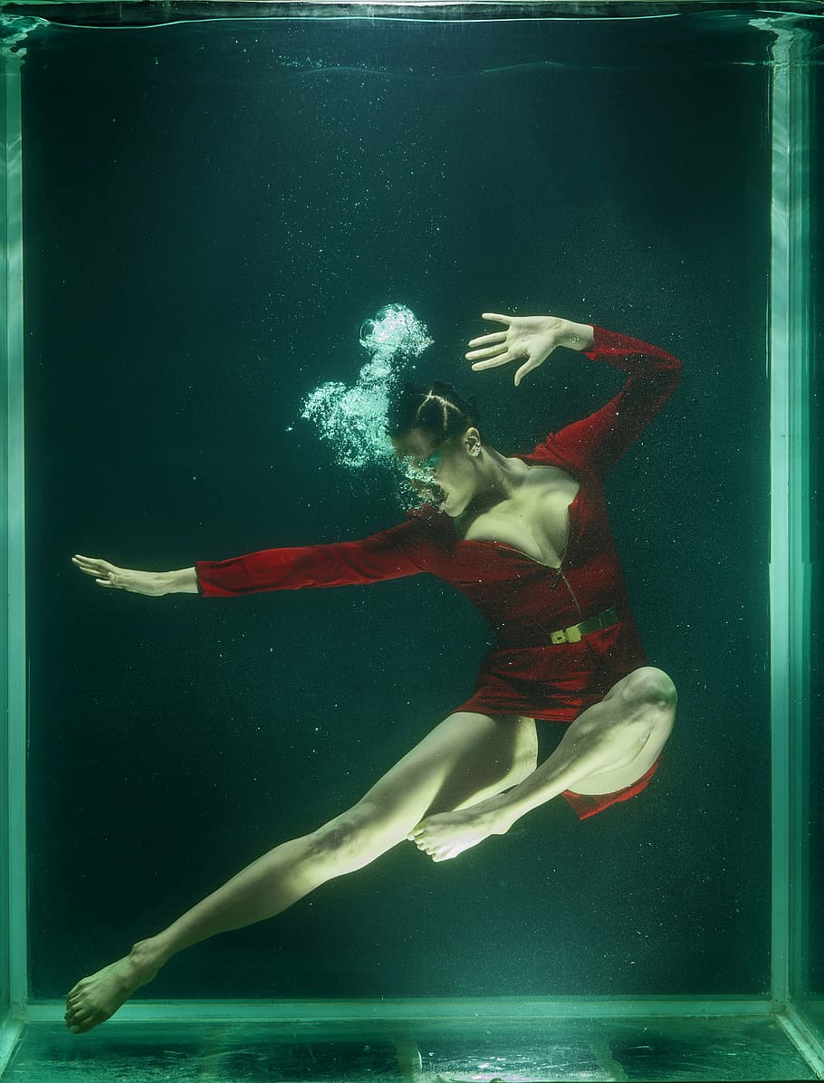 underwater, photography, woman, wearing, red, zip-up bodysuit, under water, fashion, increased, water