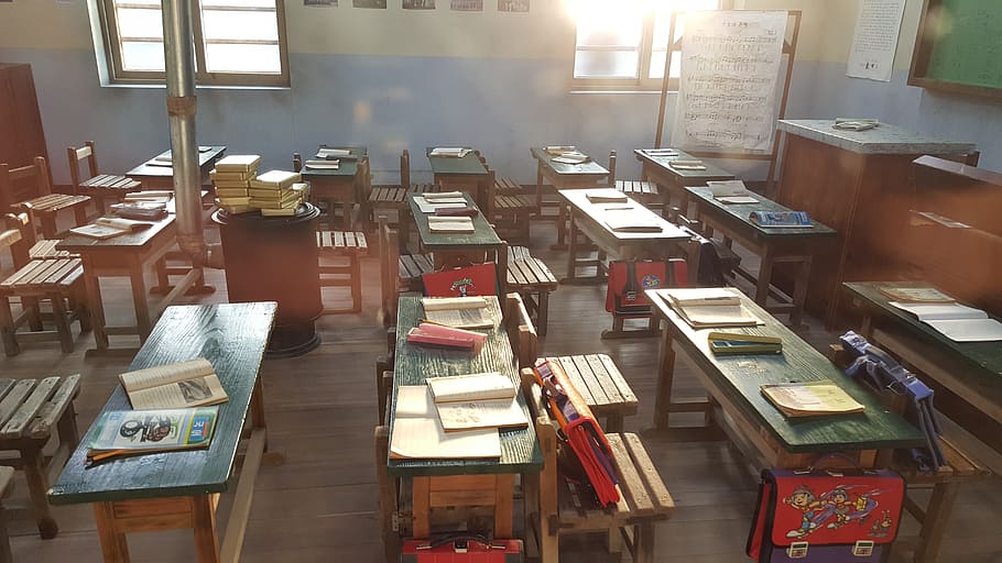 desk, books, bags, inside, classroom, memory, elementary school, in the classroom, indoors, book