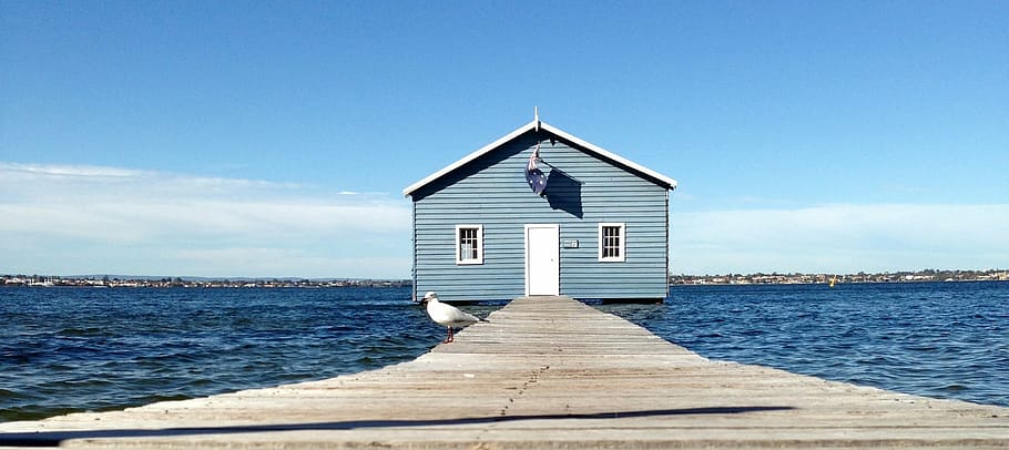 blue, wooden, house, sea, dock, boat shed, perth, river, water, australia