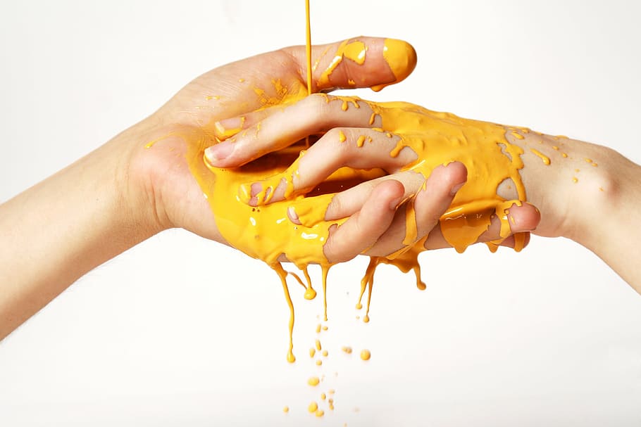 two, person hands, soaked, yellow, liquid, color, paint, hands, art, feelings