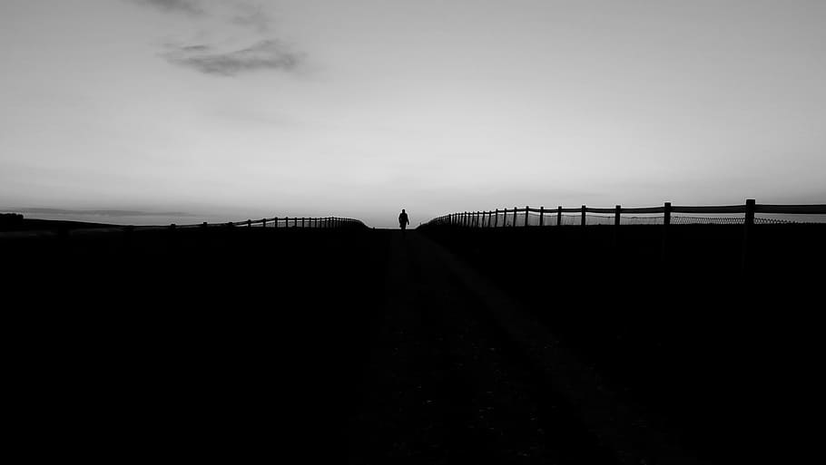 man, woman, people, street, road, path, fences, baluster, sky, silhouette