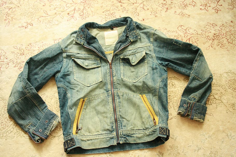 blue, denim zip-up jacket, jeans, jacket, jean, clothing, used, denim, casual clothing, indoors