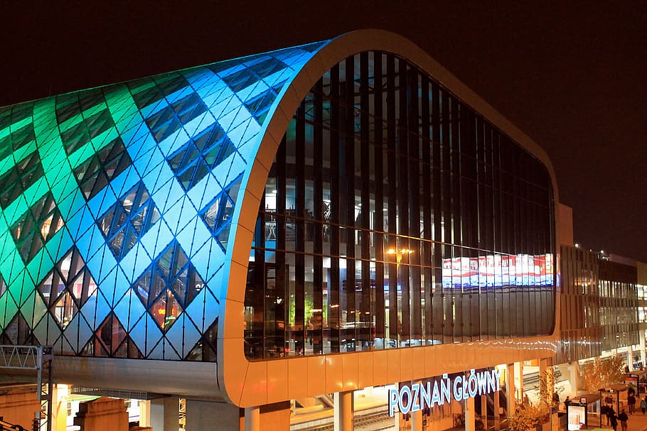 roznan glowny building, night, train station, architecture, station, railway, train, structure, building, architectural