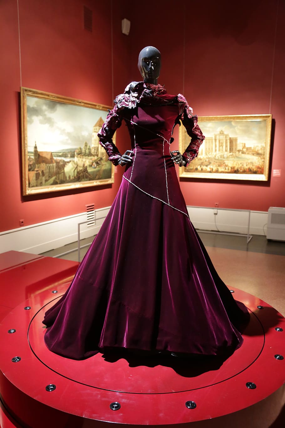 mannequin, wearing, burgundy velvet gown, display, theatre, museum, art, contemporary art, people, drama