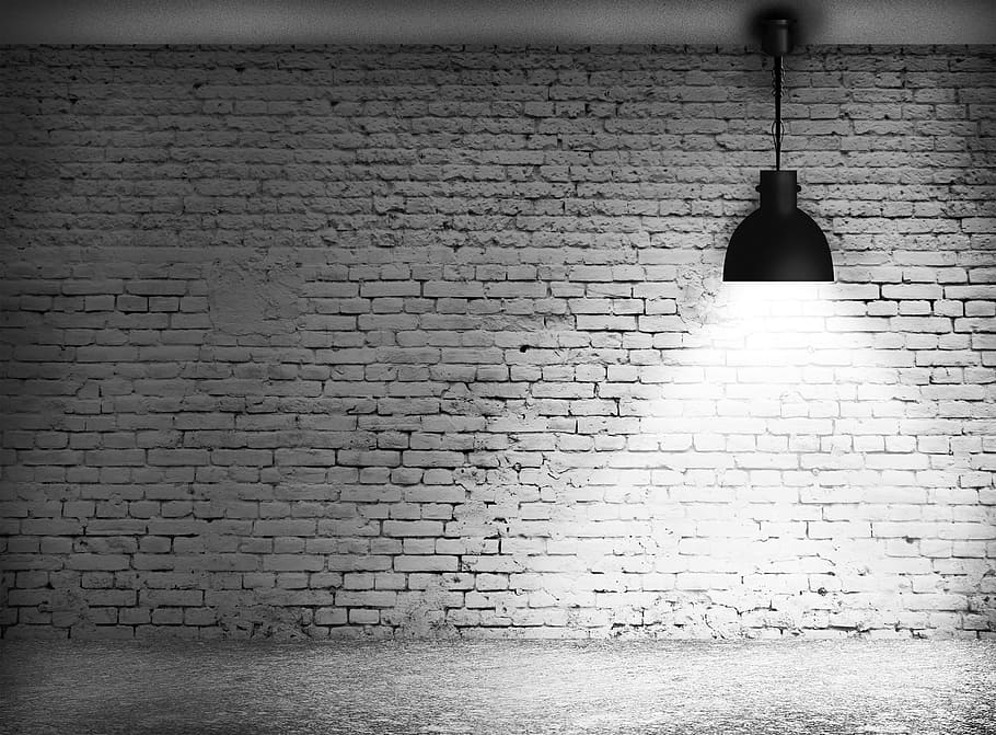 luminária, frente, parede de tijolo, fotografia em escala de cinza, bloco de parede, luz, parede, bloco, preto e branco, cores neutras