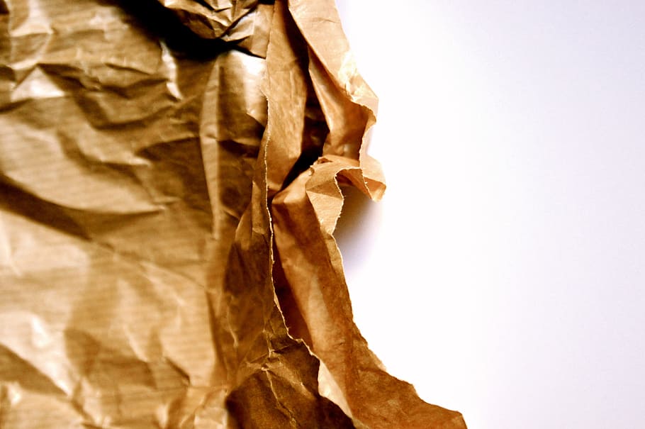 brown, paper wrapper, top, white, surface, paper, old, fold, crumples, background