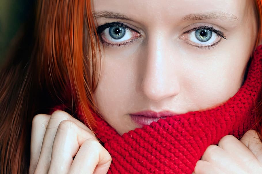 woman, red, hair, wearing, knitted, scarf, macro, eyes, blue, iris