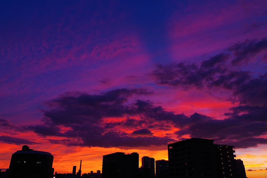 sunset, sky, purple, architecture, building exterior, built structure, city, cloud - sky, building, nature