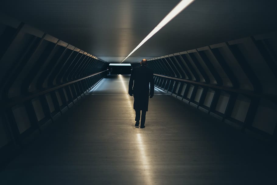 man, standing, hallway, people, dark, pathway, steel, reflection, light, black