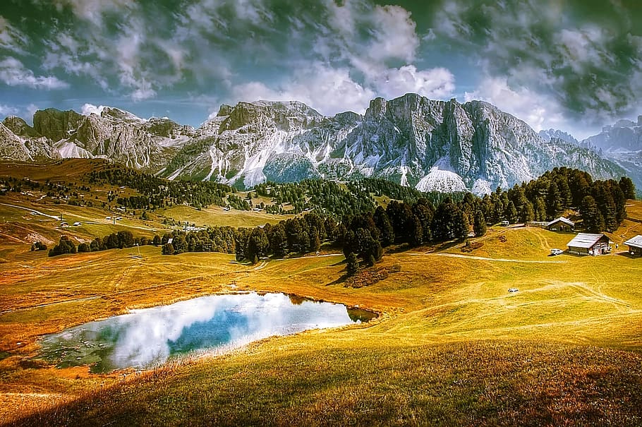 Marrón, verde, árboles, gris, montaña, blanco, azul, cielo, durante el día, Dolomitas