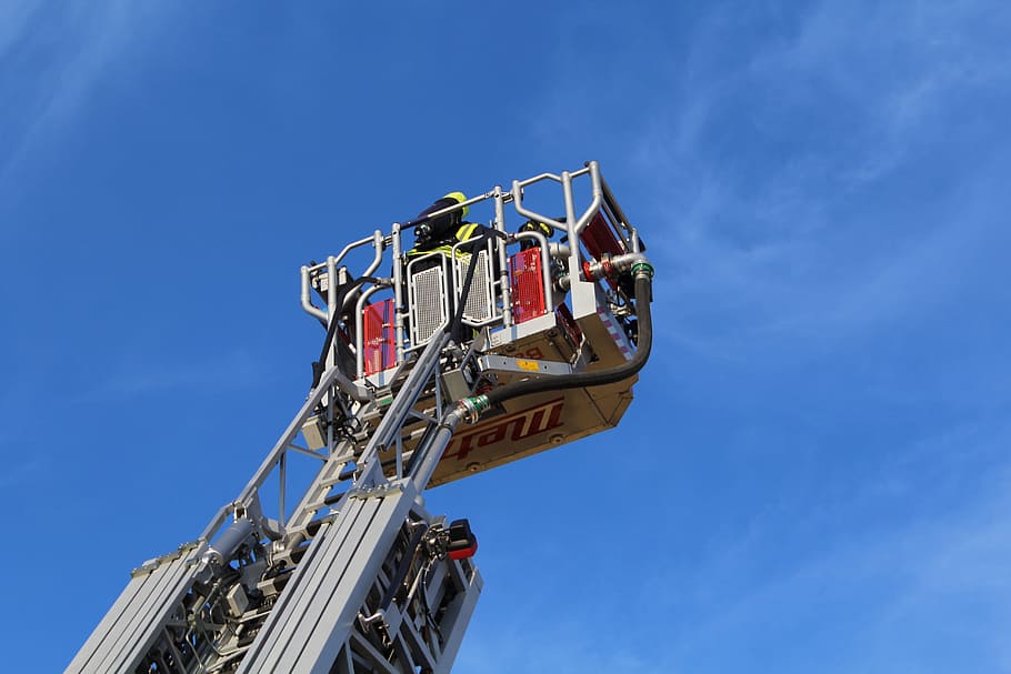 Turntable Ladder, Fire, ladder, fire truck, fire extinguishing, head, blue, low angle view, sky, day