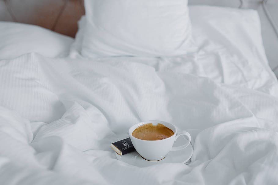 white, coffee, cup, bed, chocolate, bedding, bedclothes, sheets, saucer, Morning