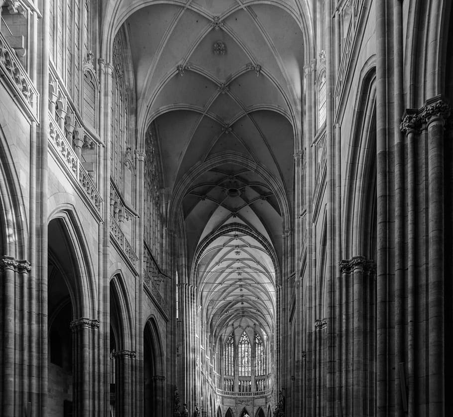 Praha, Detail, Sejarah, Arsitektur, katedral st vitus, router langit-langit, lukisan, puri prague, hitam putih, lengkungan