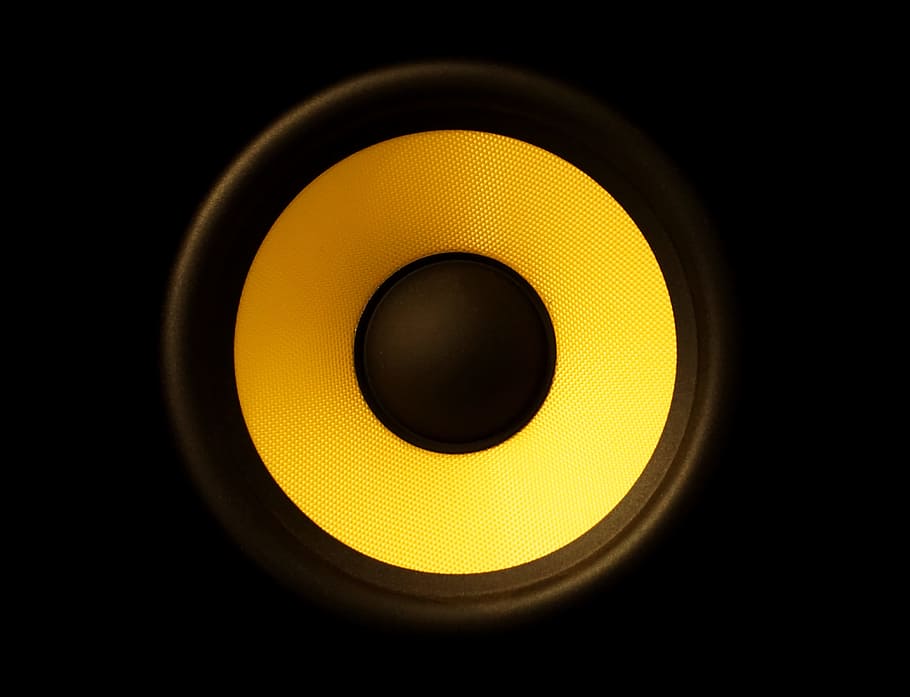 foto de primer plano, amarillo, negro, altavoz, altavoces, membrana, audio, sonido, bajo, círculo
