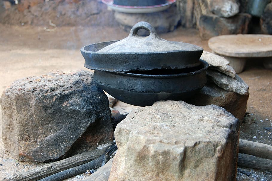africa, hearth, stone cookware, tanzania, household equipment, metal, kitchen utensil, day, heat - temperature, wood - material