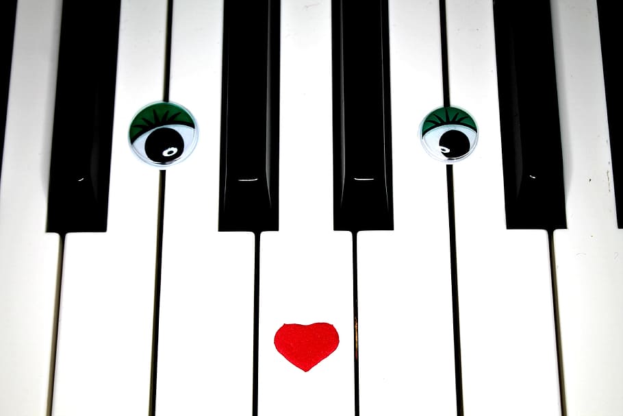 eyes, heart, white, black, keyboard, heart on, piano, piano lessons, keys, music