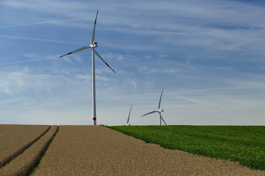 naturaleza, visión, turbinas eólicas, rotores, campo, arable, cereales, turbina, medio ambiente, generación de combustible y energía