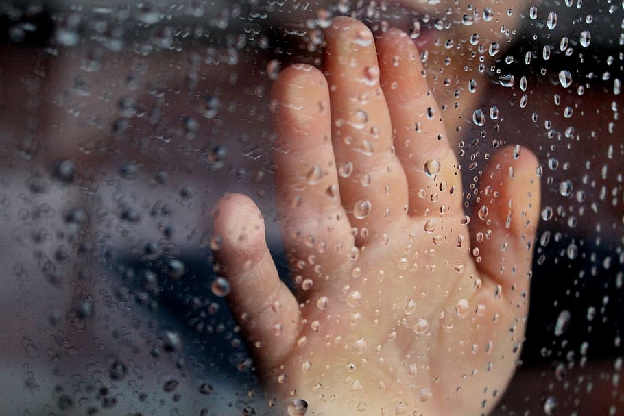 인간의, 손, 감동시키는, 유리 패널, 물, 습기 찬, 유리, 비오는 창, 그림자, 비오는 날