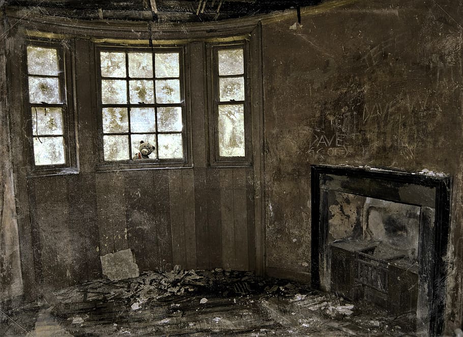 disused house, peeping in, times past, window, abandoned, obsolete, damaged, old, indoors, run-down