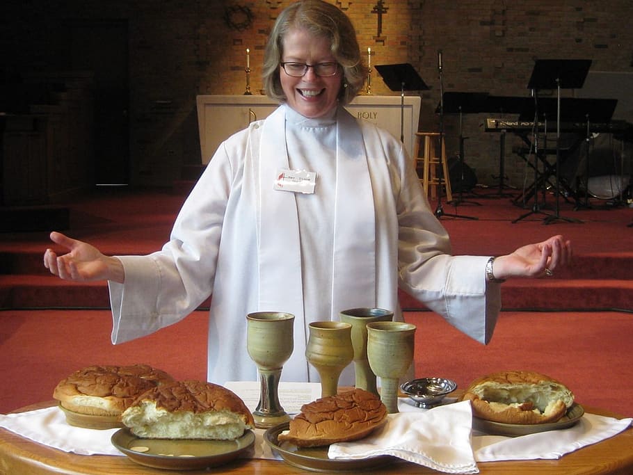 priest, standing, front, chalice, leavened, breads, communion, faith, religion, christianity