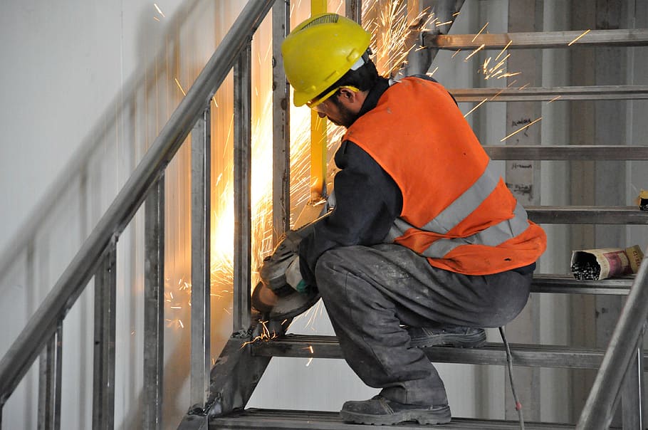 man, using, angle grinder, stair, metal workers, site, cutting disc, radio, staircase, stairs