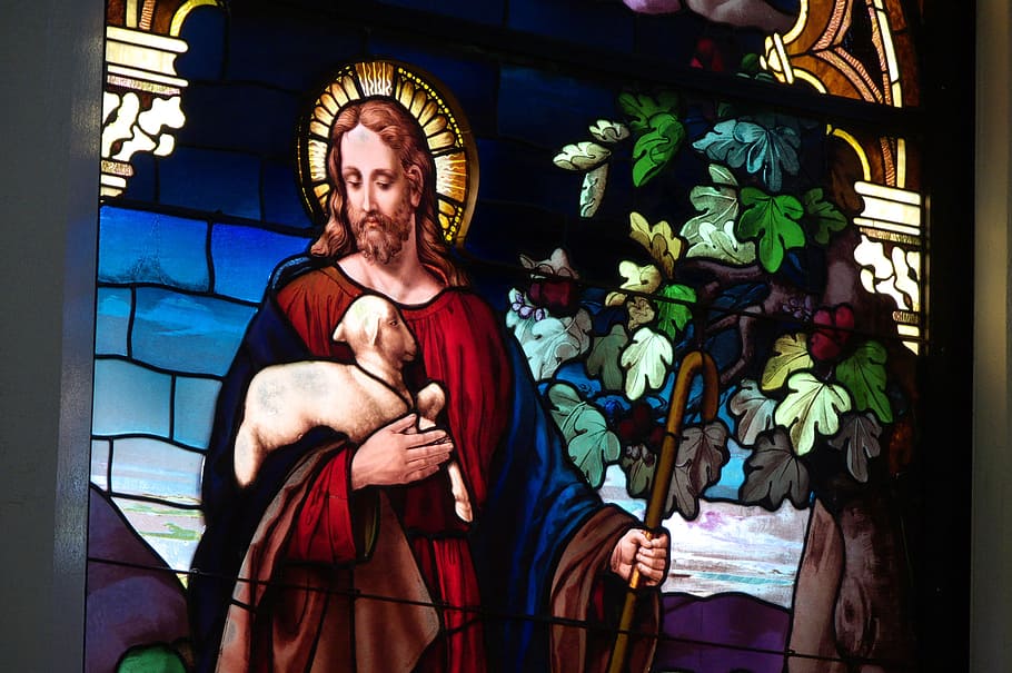yesus kristus, memegang, domba dekorasi dinding mosaik, kristus, jendela kaca patri, kauai, gereja, hawaii, seni, pria