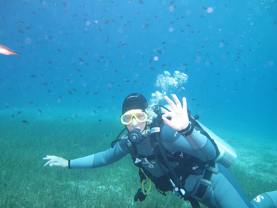 diving, ocean, underwater, sea, diver, ok, all right, water, bubbles, undersea