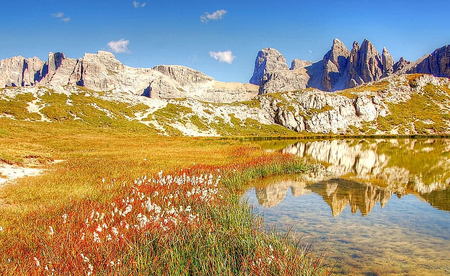 foto del paisaje, cuerpo, agua, dolomitas, montañas, Italia, Tirol del Sur, alpino, panorama alpino, vista