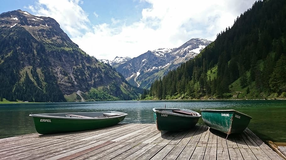 three, green, canoe boats, brown, wooden, dock, body, water, mountains, alpine