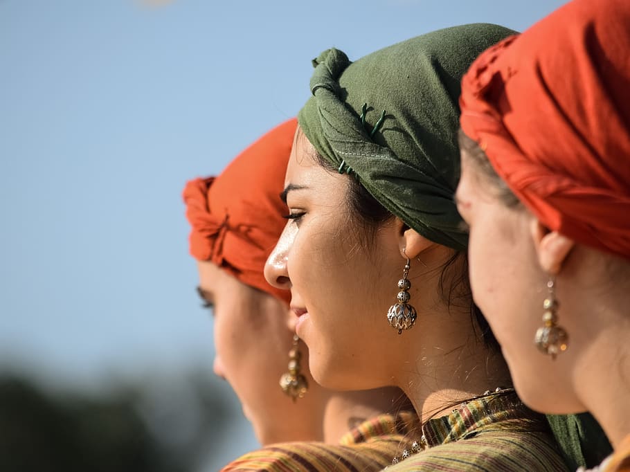 macro shot, women, wearing, green, hijab veil, girl, head kerchief, earring, traditional, folklore