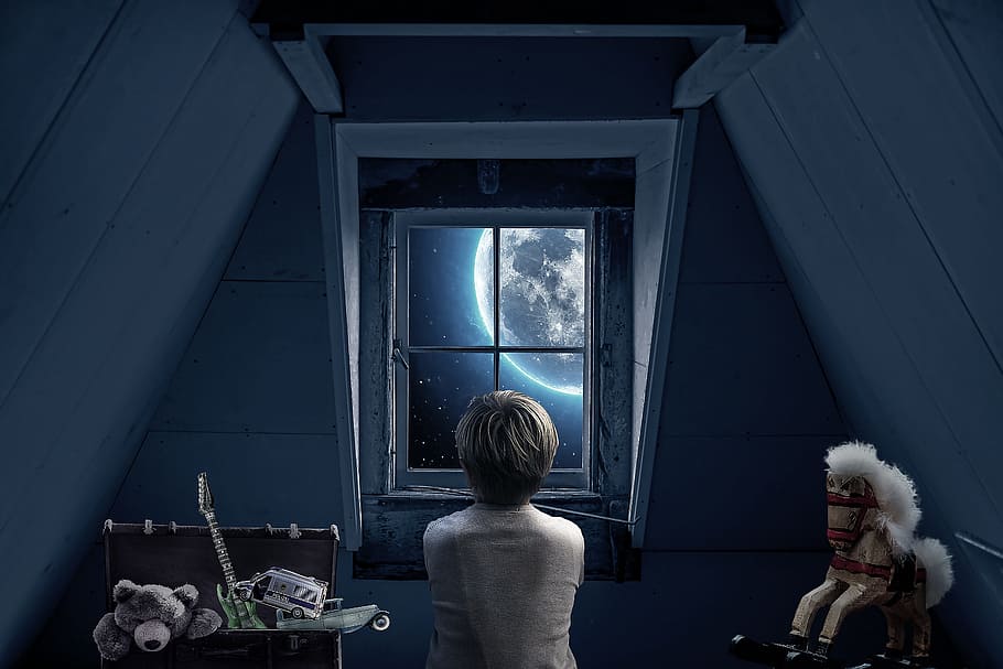 person, looking, window, glider horse, roof windows, attic, boy, stare out the window, full moon, moonlight