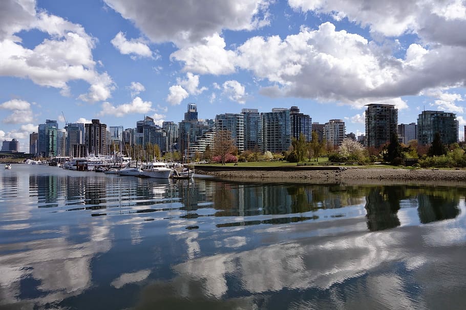 Cidade, Vancouver, Canadá, reflexão, arranha-céu, arquitetura, exterior do edifício, céu, agua, estrutura construída