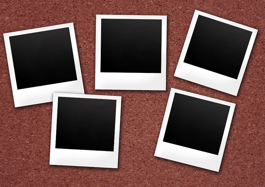 five white-and-black pads, polaroid, cork wall, photos, retro, vintage, instant camera, polaroid photo, memory, instant