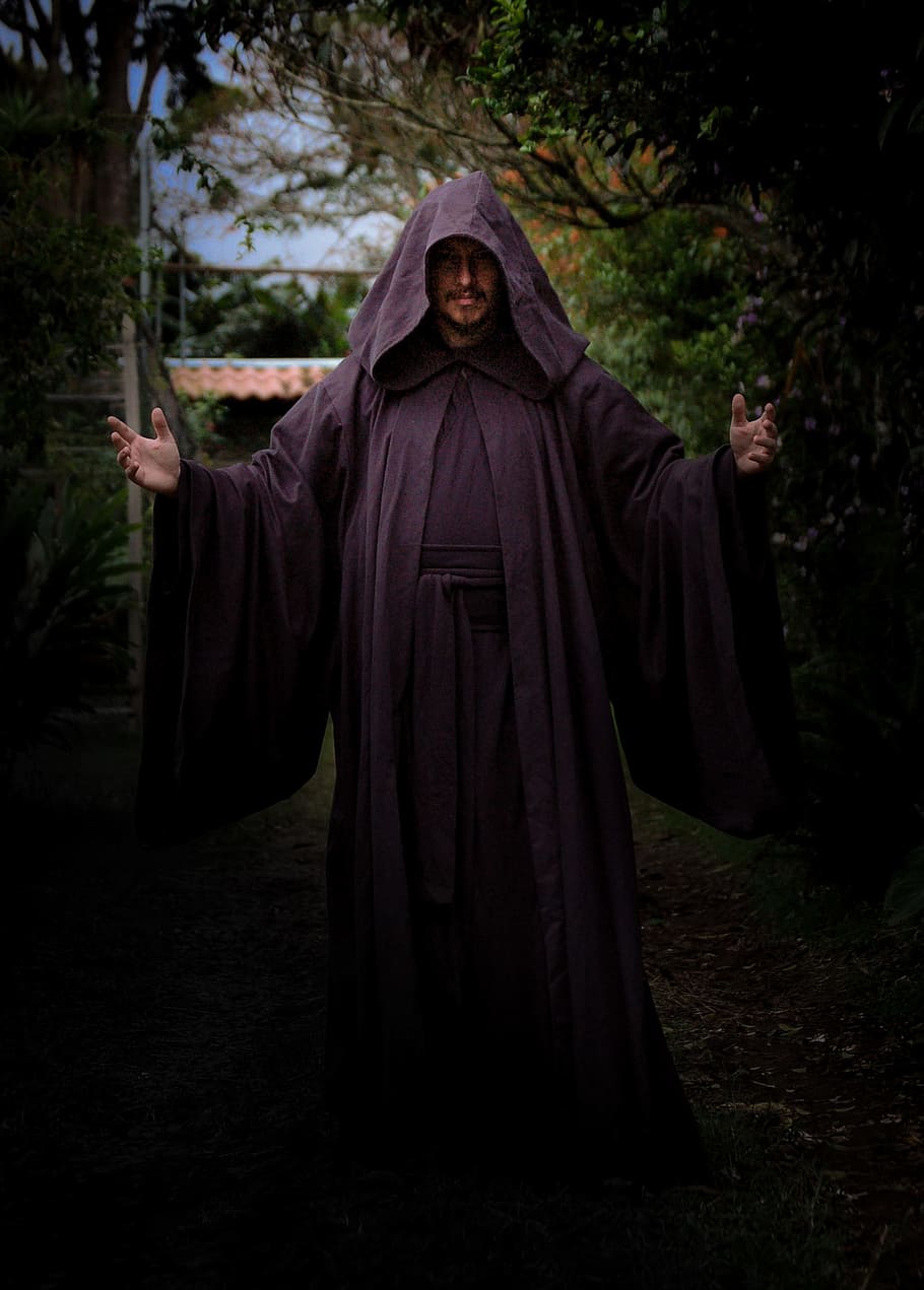 man, purple, robe, magic, woods, hood, religion, only women, adult, one woman only