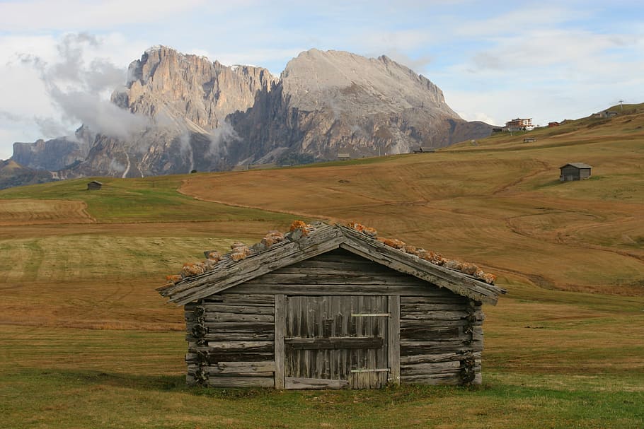 Alpes, Seiser Alm, Tirol do Sul, Dolomitas, celeiro, outono, cabana, natureza, sudtirol, itália