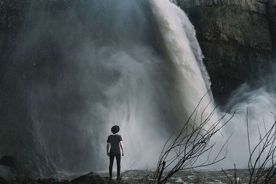 boy, standing, waterfalls, branches, gray, men, rocks, waterfall, nature, people