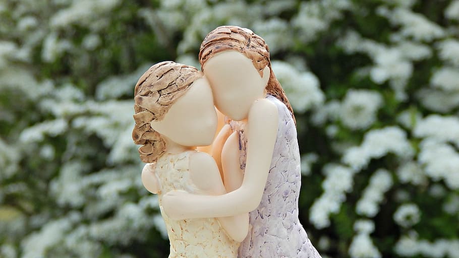 two, girls, ceramic, statue, daytime, female, hugging, figurines, arora, figurine