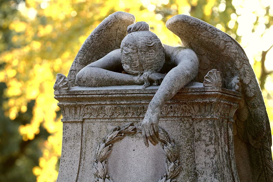 gray concrete statue, gray, concrete, statue, angel, headstone, cemetery, grave, tombstone, graveyard