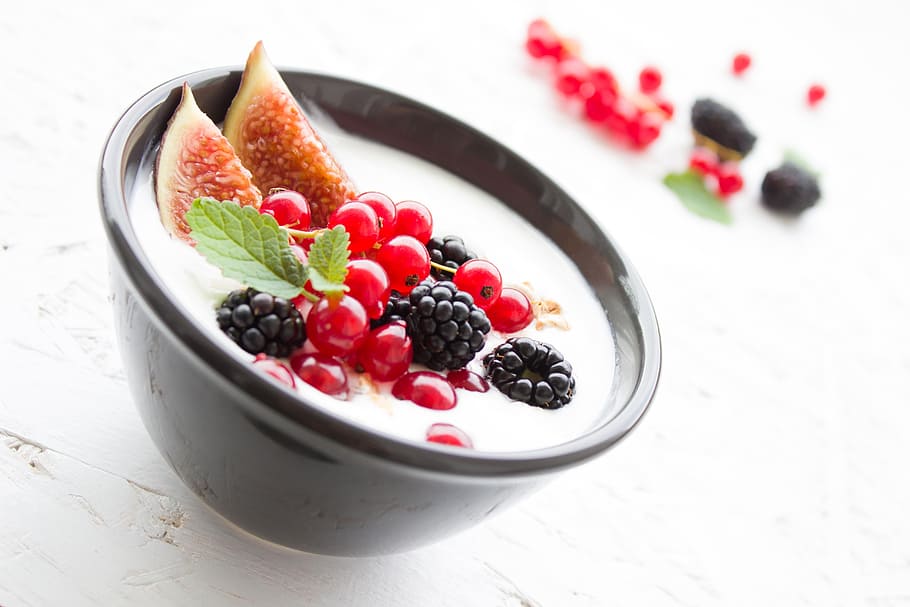 variety, fruits, severed, bowl, cherry, fruit salad, yogurt, berries, fig, breakfast