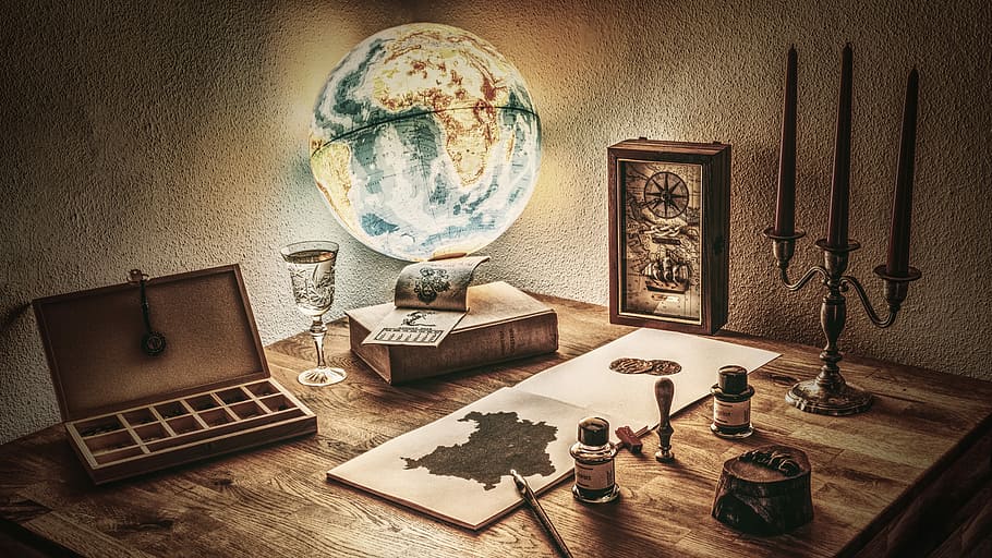 dunia meja, di samping, buku, pedesaan, kuno, peta, bola dunia, tinta India tusche, bulu, tinta
