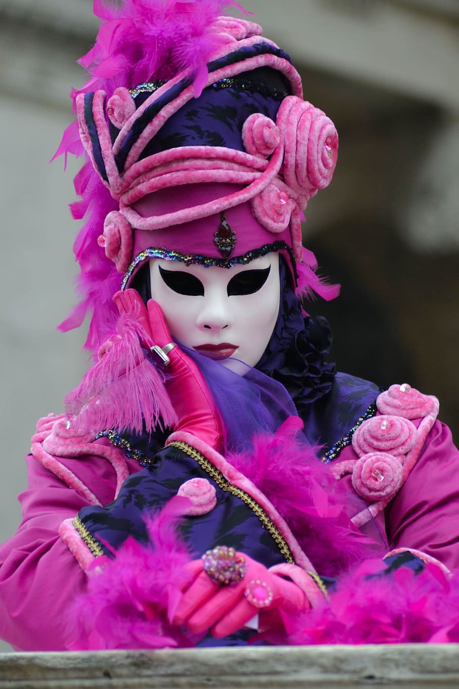 selective, focus photograph person, pink, purple, outfit, mask, costume, lovely, carnival, people