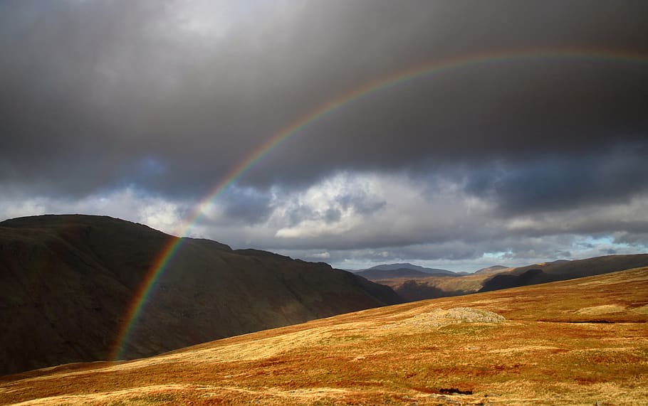 rainbow, lake district, england, scenery, hills, countryside, britain, cumbria, mountains, rain