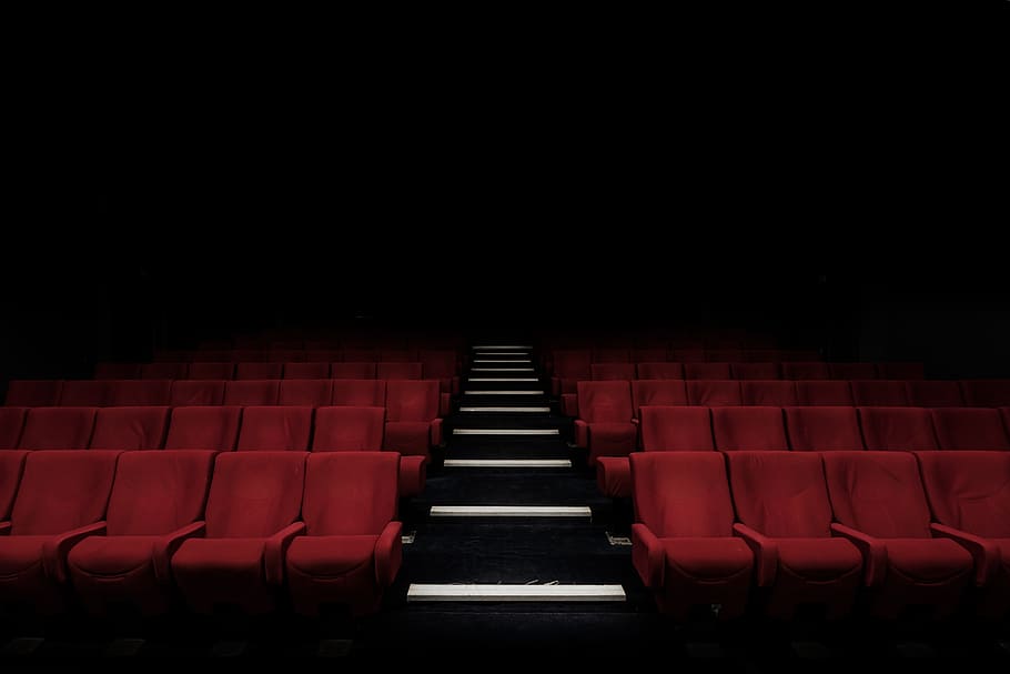 low, angle photography, red, chairs, theater, auditorium, stadium, bench, inside, seats