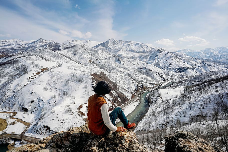 woman, sitting, top, cliff, nature, mountains, snow, people, man, guy