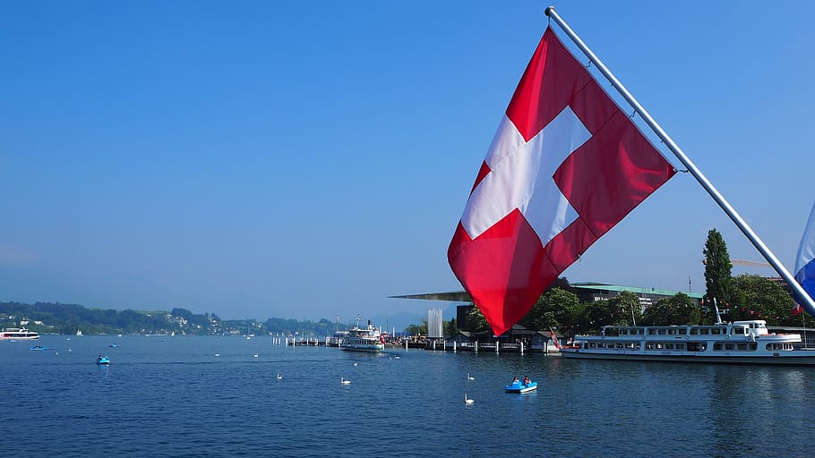 Lucerna, región del lago de Lucerna, Suiza, agua, Suiza central, bandera, bandera de Suiza, lago, envío, interior de Suiza