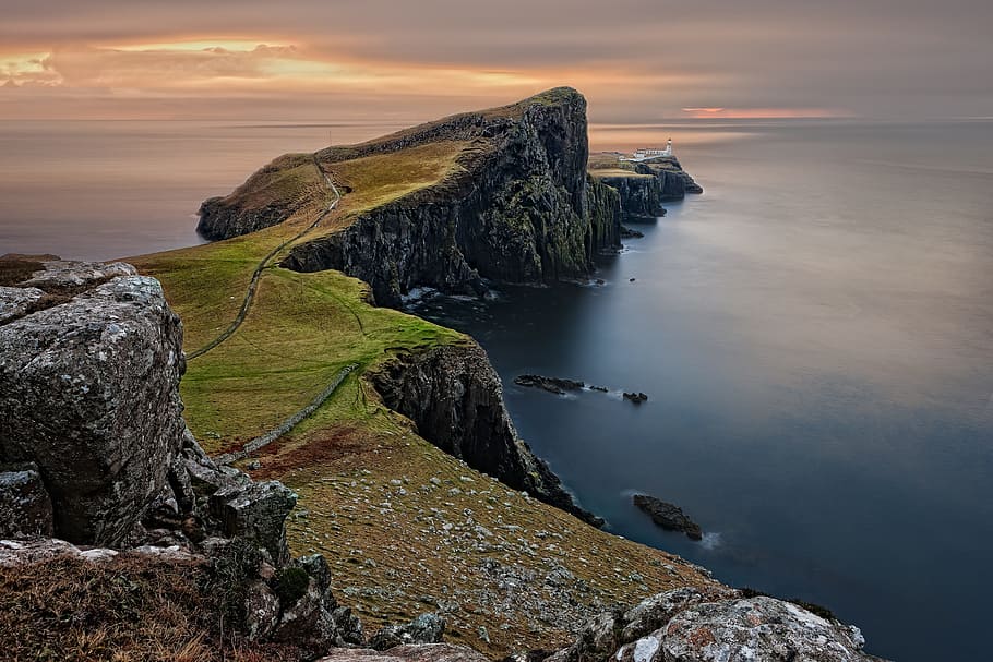 사진술, 산 절벽, 옆에, 해변, 낮, 스코틀랜드, 영국, 스카이 섬, Neist Point, 바다