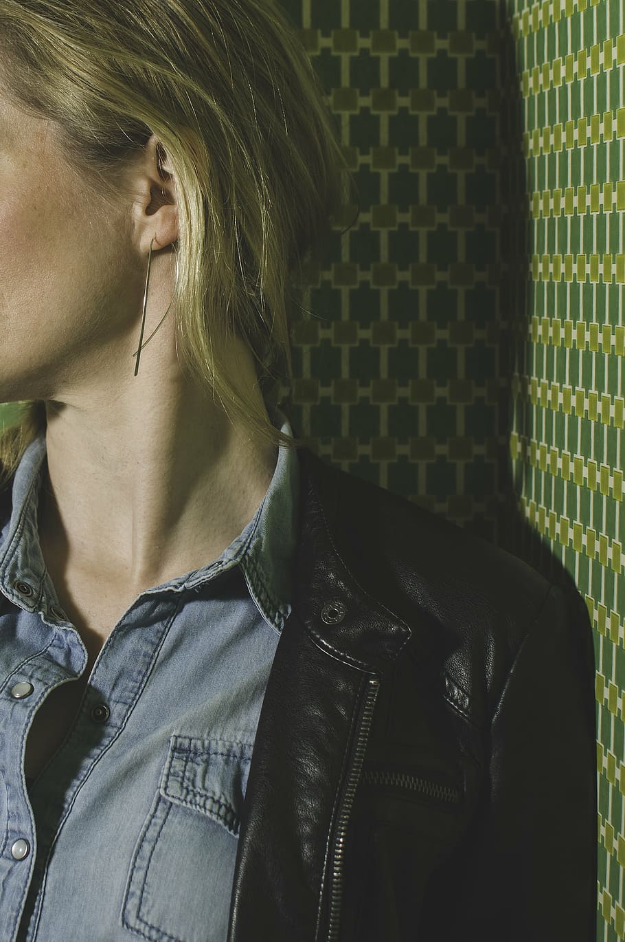 woman, standing, green, wall, denim, polo, leather, people, neck, blonde