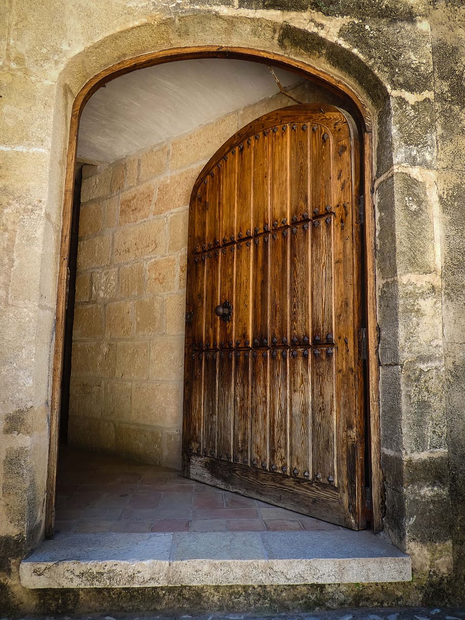 opened, brown, wooden, door, open, entrance, open door, opening door, old, castle