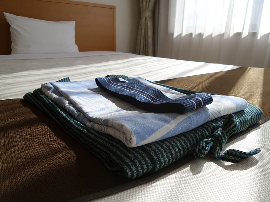 three, black-and-blue, striped, cloth, bed, Kimono, Set, Hotel, Hospitality, Japan